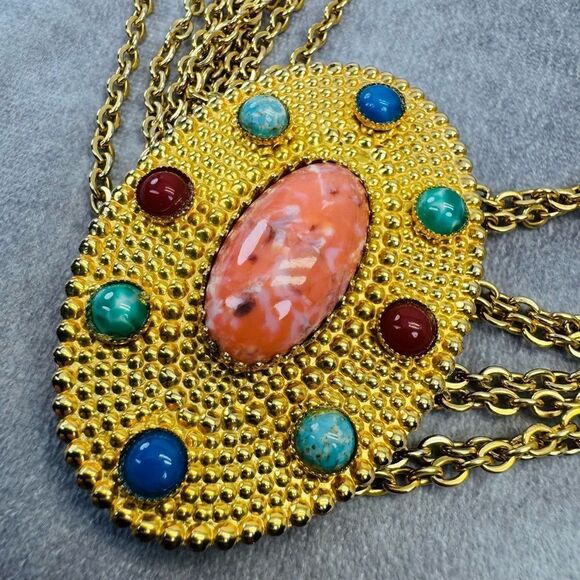 CHRISTIAN DIOR Goldtone Multiple Chains Belt Jeweled Buckle Colorful Cabochon - Picture 5 of 10